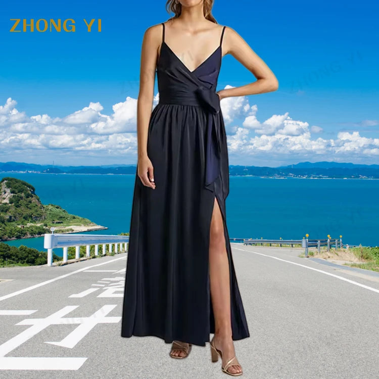 Fashion Summer Lady Elegant Formal Clothing Custom Sleeveless Elegant High Slit Tie up Spaghetti Long Casual Party Dresses