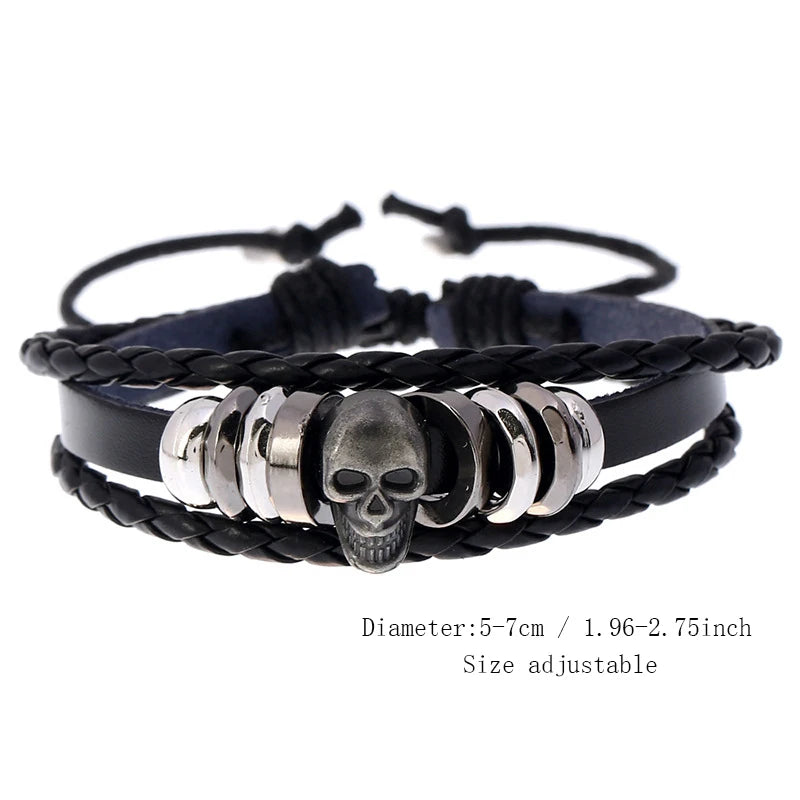 New Design Metal Skull Accessories Leather Bracelet Handmade Beaded Skeleton Jewelry Charm Bracelet for Men and Women