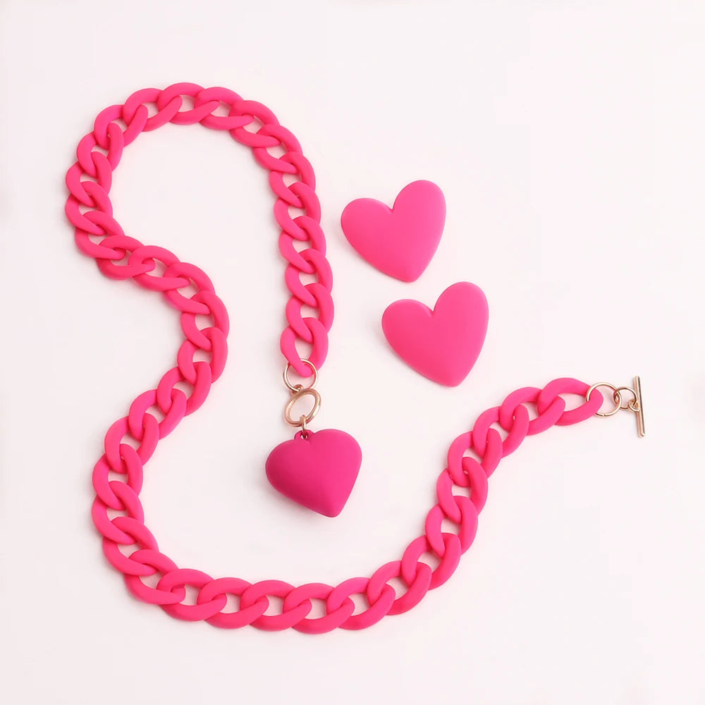 Personality Exaggerated Candy Color Necklace Heart Necklace Earing Simple Heart Pendant Clavicle Chain