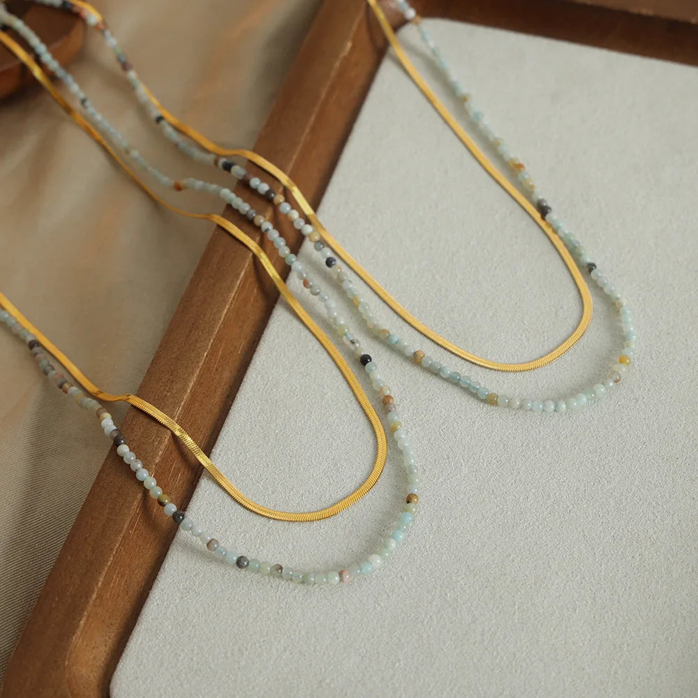 Boho Minimalist Natural Stone Beaded Necklace Waterproof Double Layered Blade Chain Gold Plated Stainless Steel Choker Necklace