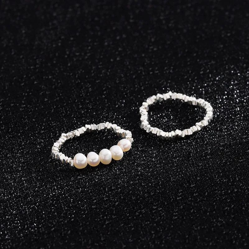 Wholesale Price S925 Sterling Silver Elastic String Pearl Ring Simple Irregular Shredded Silver Ring for Women