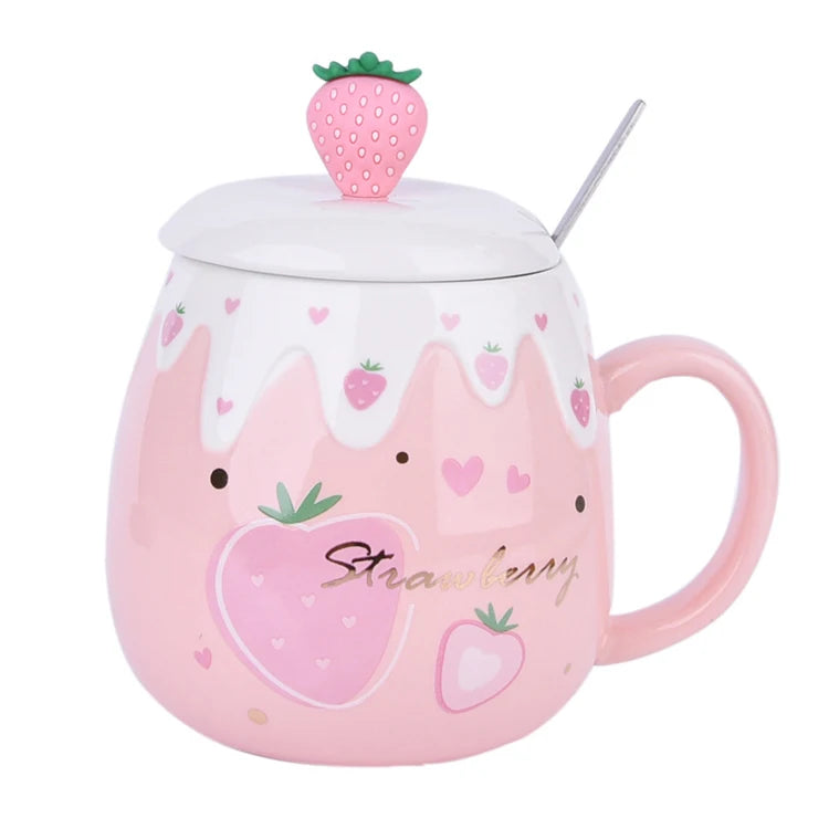 Wholesale Cheap Big Capacity  High Temperature Decal Strawberry Ceramic Tea Mugs With Lid Spoon for Office