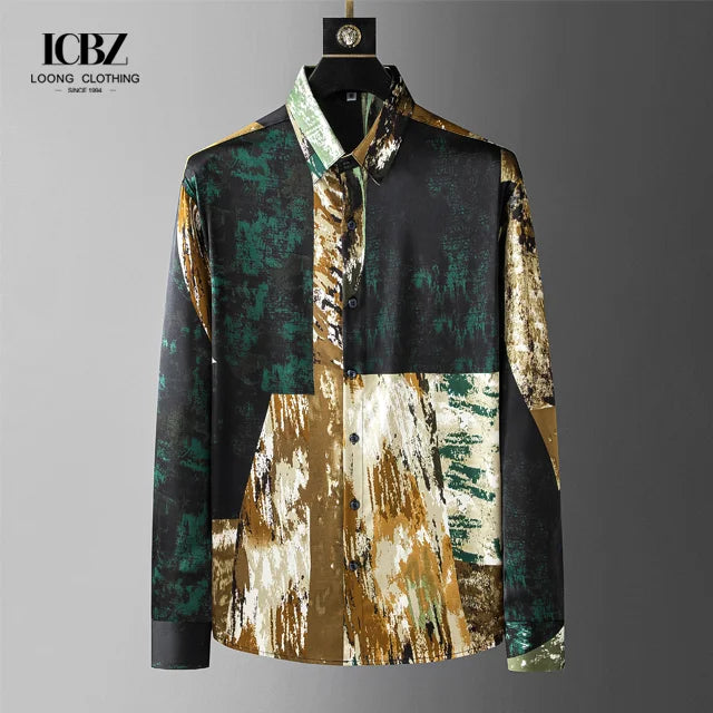 Men's Vintage Inspired Modern Art Casual Top Geometric Pattern Hawaiian Shirt with Stand Collar Breathable for Spring Season