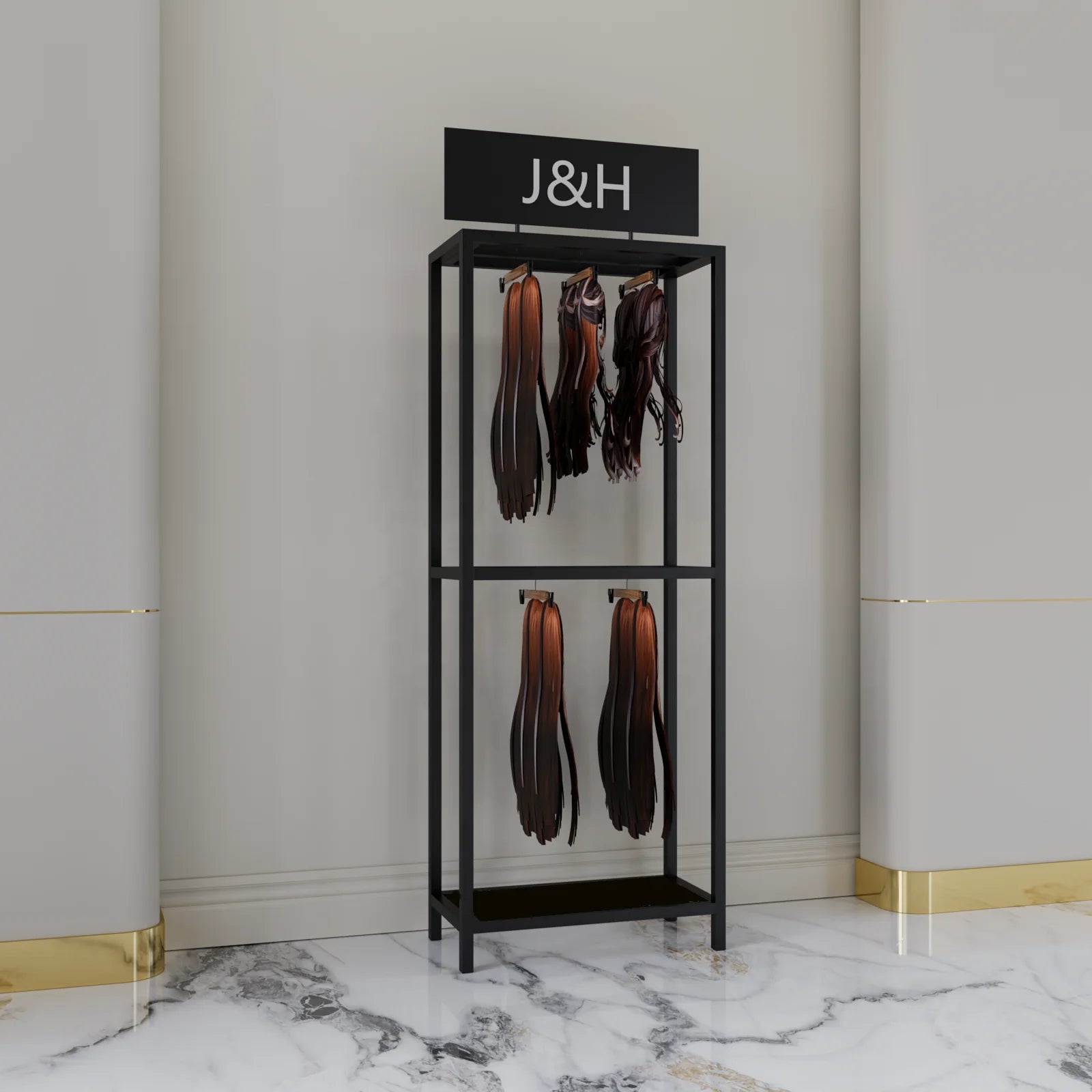 Custom LOGO Black Metal Human Hair Rack Wig Shop Display Shelves Golden Silver Floor Standing Hair Extension Display Stand