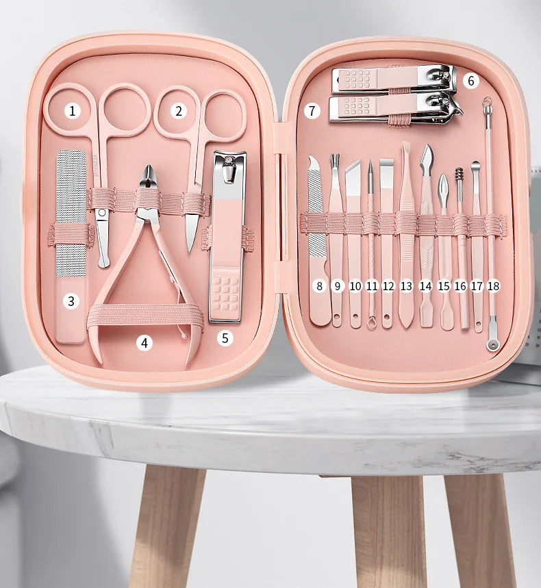 18 in 1 Professional Manicure Kit Pedicure Tool Stainless Steel Nail Clipper Scissors Grooming Set with Leather Travel Case