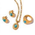 New Design Hammer Pattern Earrings Necklaces Rings Set Jewelry 18k Gold Plated Stainless Steel Turquoise Jewelry Set for Girls