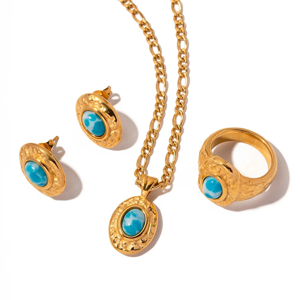 New Design Hammer Pattern Earrings Necklaces Rings Set Jewelry 18k Gold Plated Stainless Steel Turquoise Jewelry Set for Girls