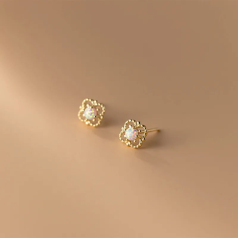 White Opal Jewellery Small Flower Shape Gold Plated 925 Sterling Silver Stud Earrings Women Fashion Jewelry