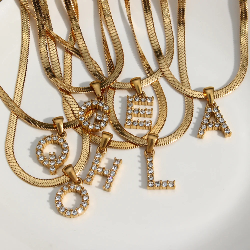 INS Popular Stainless Steel Flat Snake Chain Necklace 18K Gold Plated A-Z Letter Initial Pendant Necklace for Women