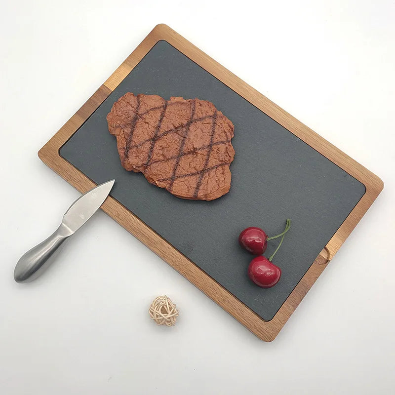 Wholesale Custom square Rectangle Black Slate Stone Dinner Steak Serving Plates with Wood Board Base for Restaurant