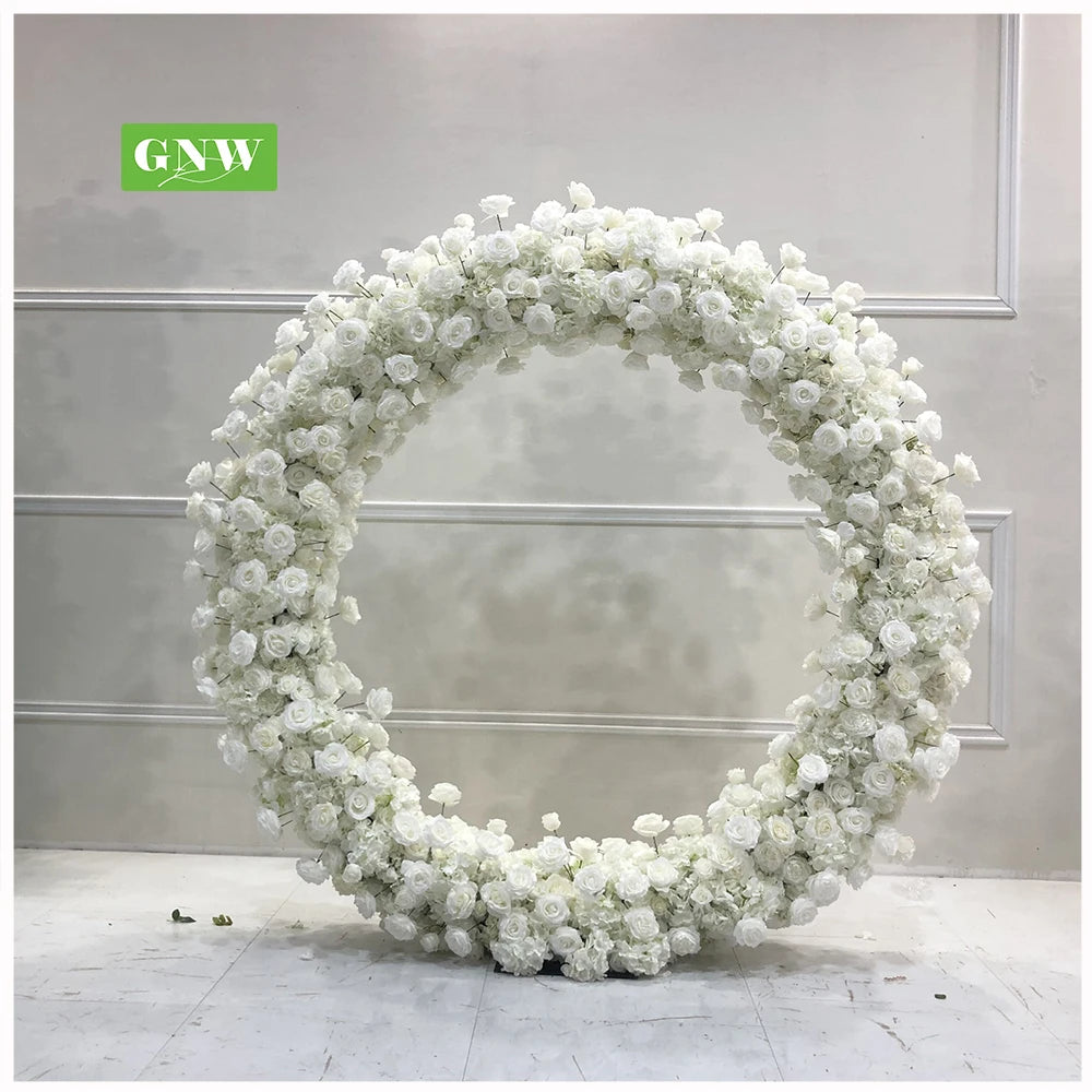 GNW Artificial White Rose with Hydrangea Wedding Arch Decorated Flower Metal Arch for Wedding Background Flower Hoop