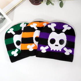Double Sided Design Neutral Winter Warmth Custom Jacquard Logo Knitted Brimless Hat Street Clothing Striped Skull Hat