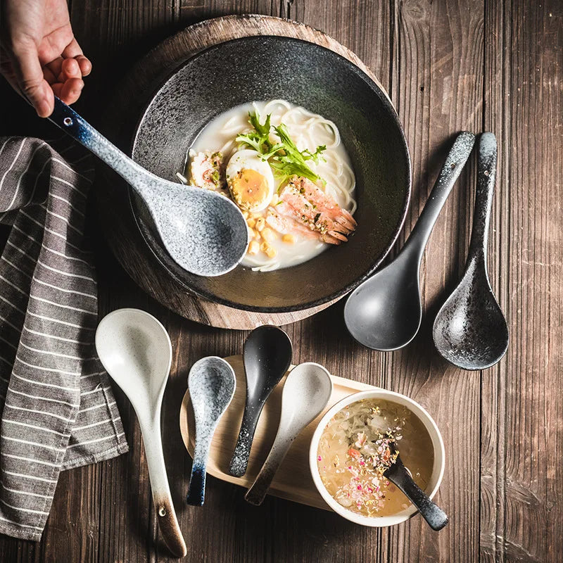 Nordic Style Double Glaze Reactive Ramen Spoon Vintage Design Two Size Ceramic Spoon