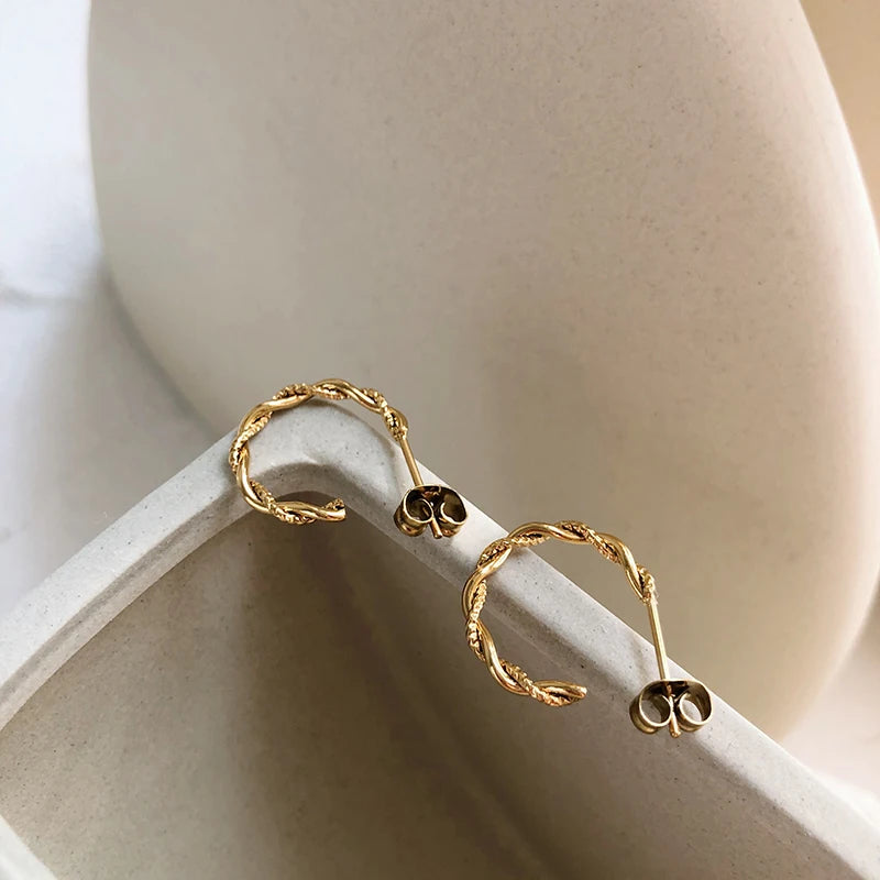 New Arrival Korean Women Jewelry Stainless Steel Twisted Rope Earrings 18K Gold Plated Twisted Rope Hoop Earring