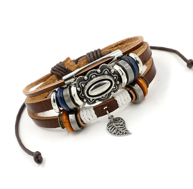 Handmade Adjustable Size Multi-layer Leather Beaded Charm Bracelet for Women