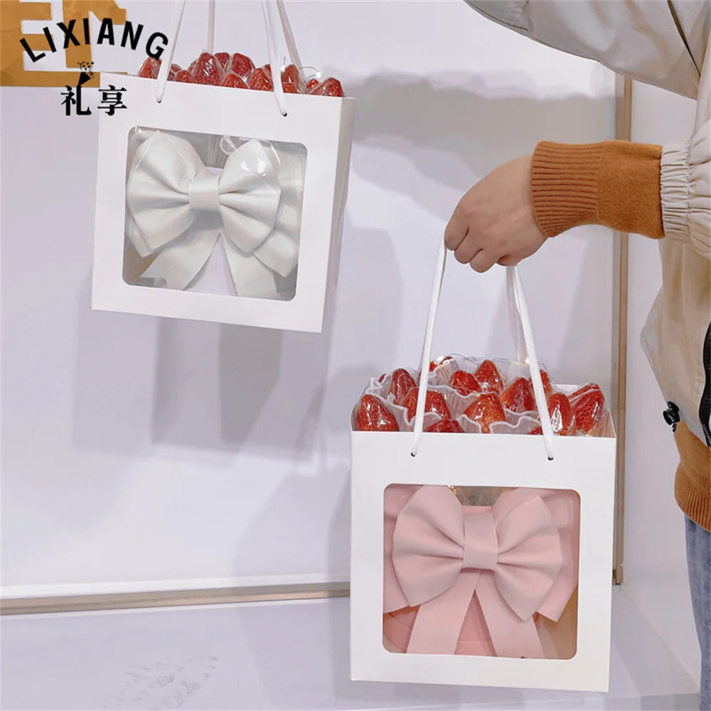 Zexiang 2022 New Design Handmade Single Rose Bow Tie Strawberry Flower Paper Bag