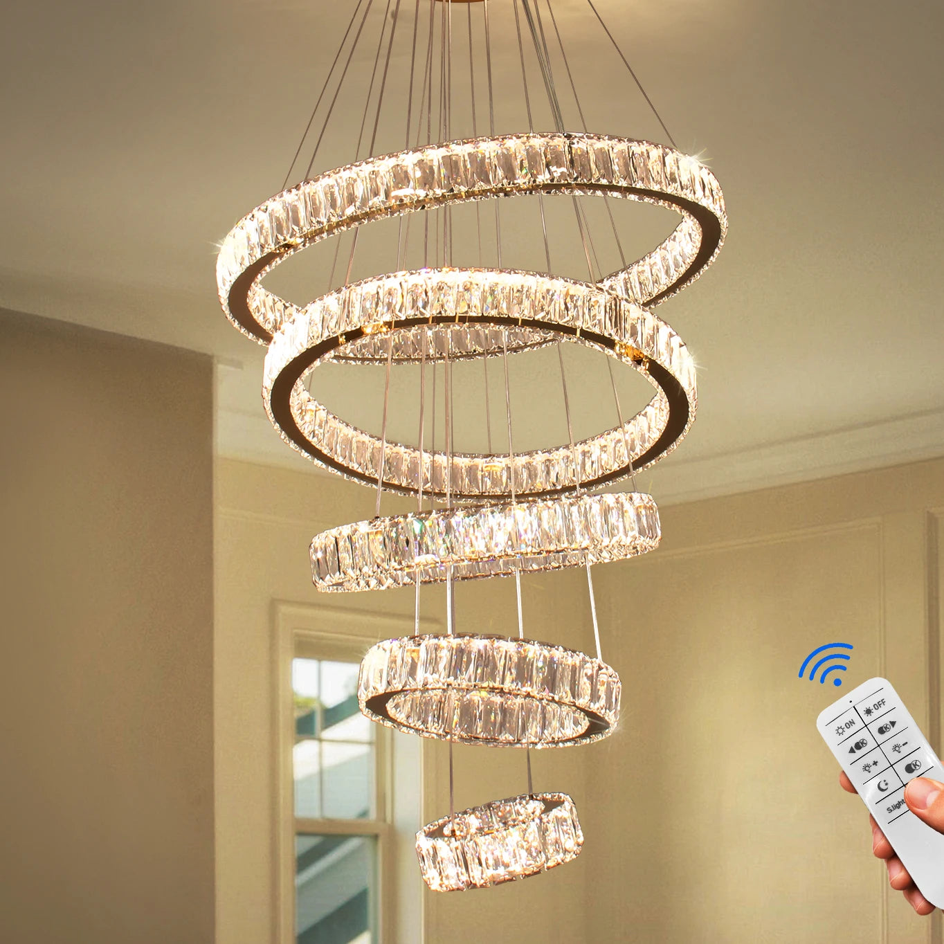 Modern K9 Crystal Pendant Chandelier Luxury Round Ring Ceiling Lights with Remote Control for Home Decor