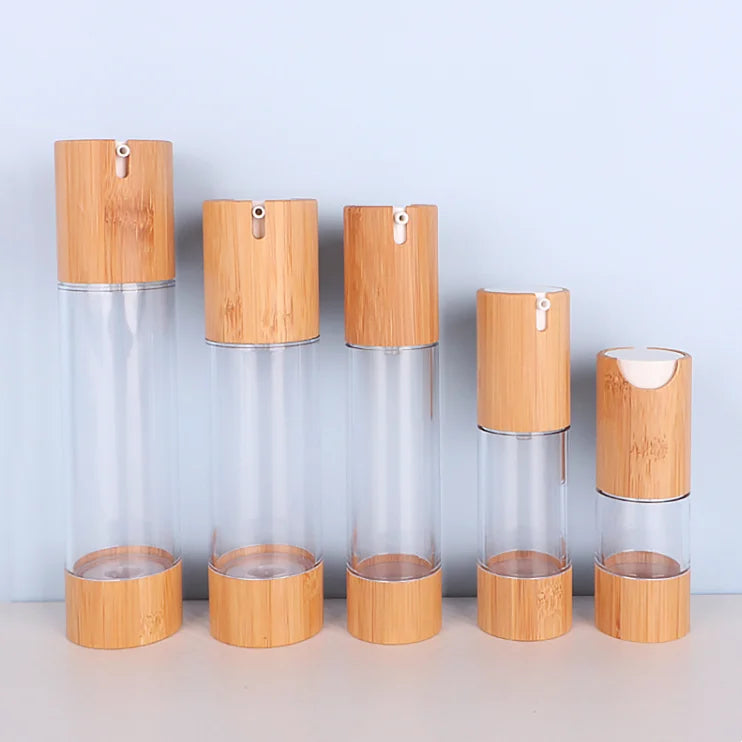 Empty Luxury Bamboo Airless Pump Bottle 15ml 30ml 50ml Screw Refilled Sunscreen Foundation Serum Lotion Pump Bottle