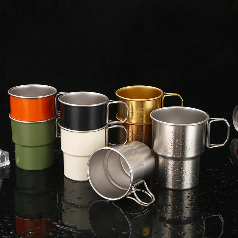 Outdoor Camping Portable Handy Cup 300ml 450ml Stainless Steel Water Mug with Folding Handle Metal Coffee Drink Cup