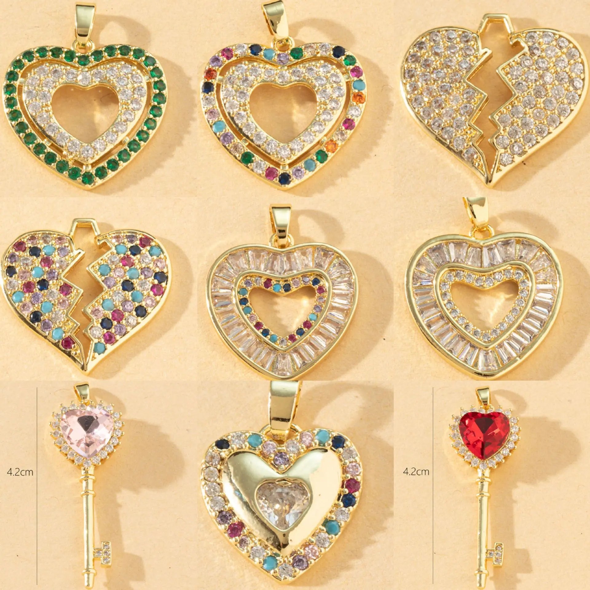 Diy Punk Jewelry Copper Gold Plated Colored Zirconia Accessories Elegant Multi-Style Geometric Heart Pendant for Jewelry Making