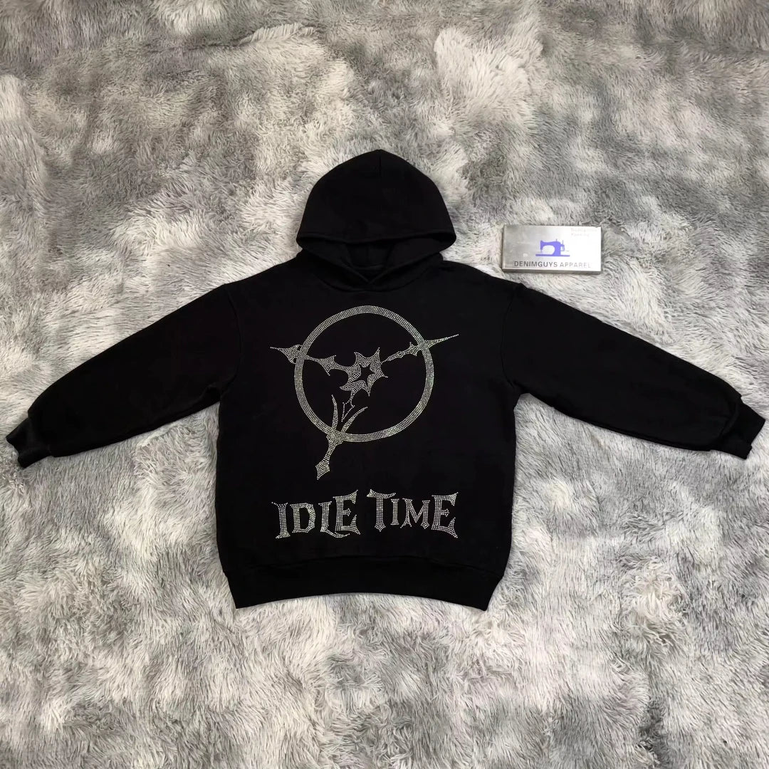 DENIMGUYS Custom Unisex Streetwear Rhinestone Diamond Hoodie Y2K Cotton French Terry Pullover Oversize Hoodies for Men