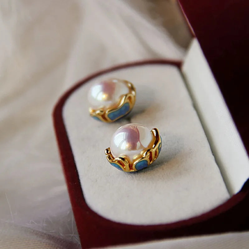 Fashion Jewelry Custom Elegant Designer Enamel Glaze Flower Earrings Brass Gold Plated Freshwater Pearl Stud Earrings