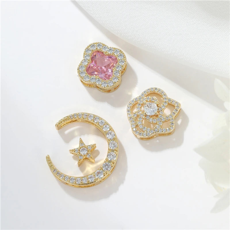 Jiexing Brass 14K Gold Plated Moon Pink Zirconia Rose Flower Pendants Micro Paved CZ Jewelry Accessories for Making Jewelry