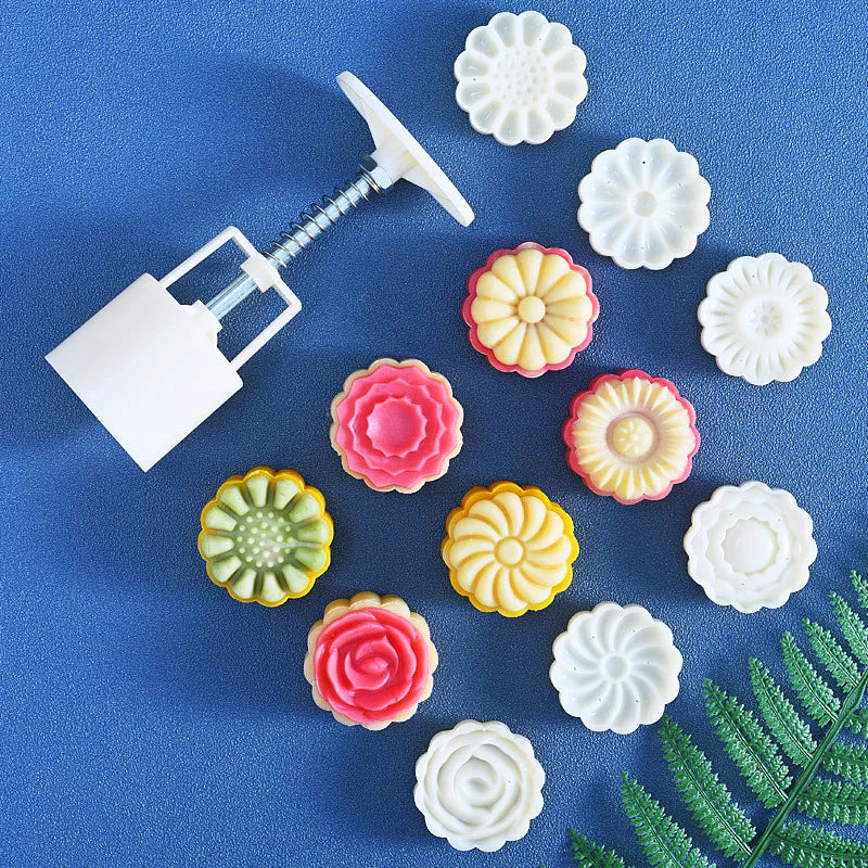 Non Stick DIY 3D Pastry Tool Variety Flower Mode Pattern 50g Hand-Pressure Mooncake Mold Cookie Stamps Plastic Moon Cake Press