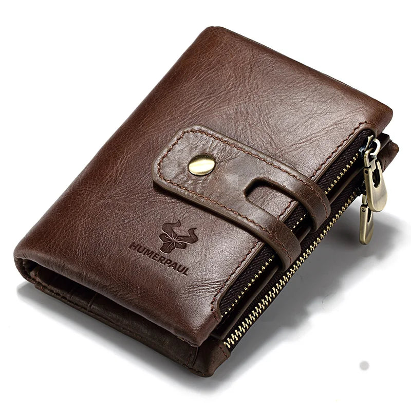 HUMERPAUL Factory Customize Design Genuine Leather Short Wallet for Men RFID Blocking Hasp Zipper Coin Holder Coin Pocket Purse