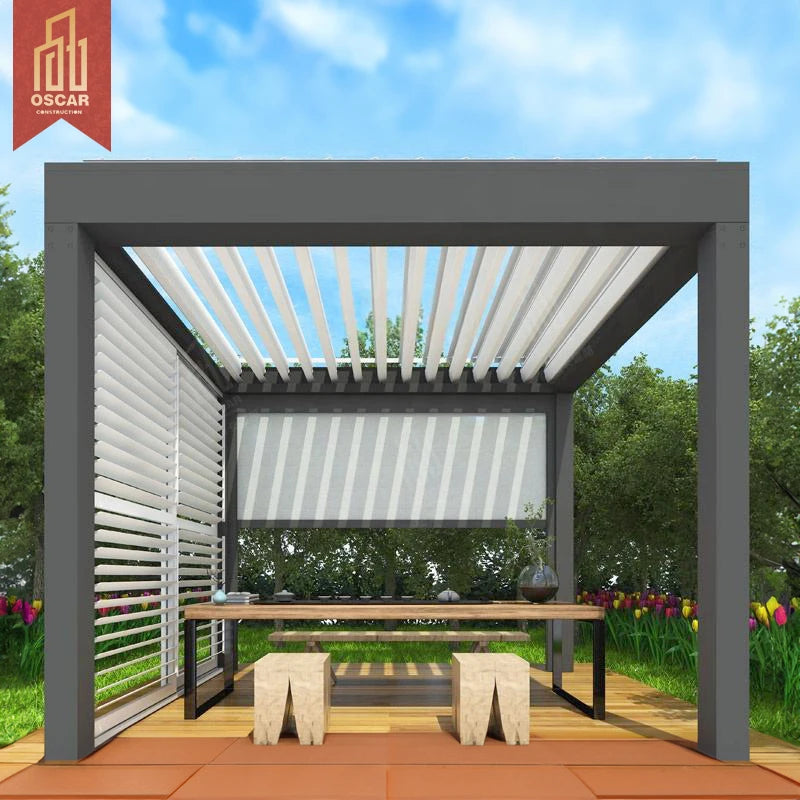 China Factory Prefab Gazebo Outdoor Furniture Garden Sets Automatic Electric Screen Curtains Aluminum 3x4M Prix Louvered Pergola