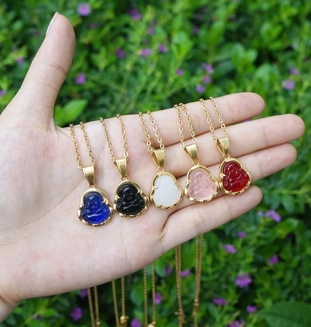 Wholesale 18K PVD Gold Plated Stainless Steel Jewelry Colorful Glass Maitreya Buddha Pendant Necklace Men Women