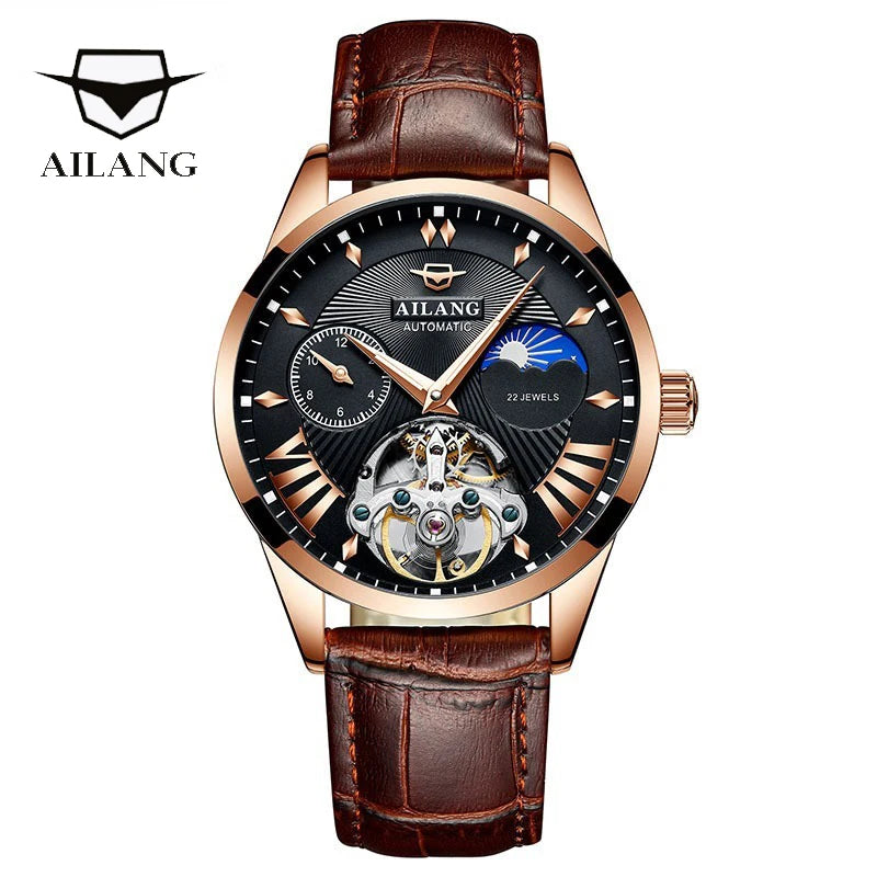 AILANG Quality Tourbillon Luminous Watch Men Moon Phase Automatic Montre Phase Watches Mechanical Transparent Steampunk Clock