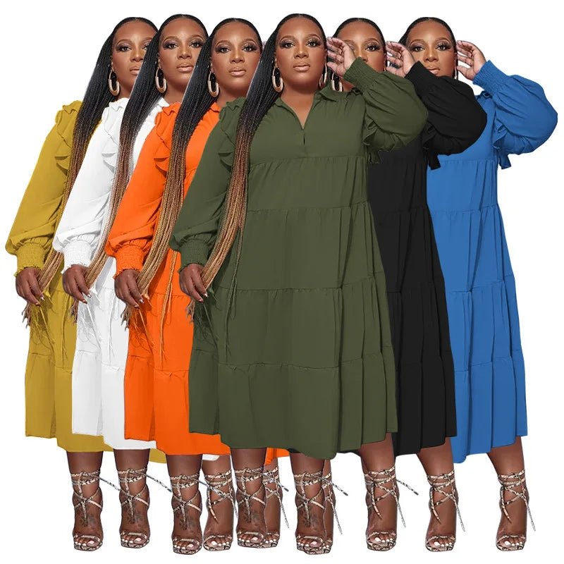 N7744 Best-Selling Plus Size Autumn Dresses Women Casual Ruffles Shoulder Long Sleeve Layered Loose Africa Dresses for Ladies