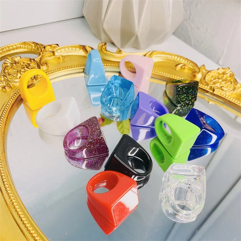 Trending Women Girls Big Boho Ring Geometric Colored Square Resin Acrylic Jewelry Blank Rings for Jewelry Making