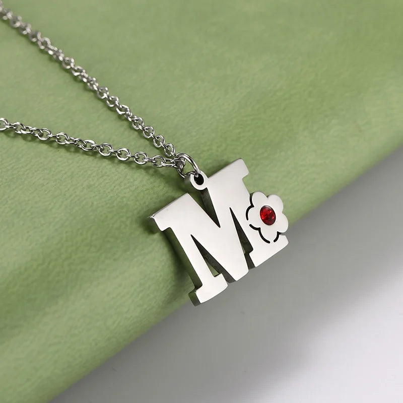 A-Z 26 Capital Letters Stainless Steel Zircon Flower Necklace Women Pendant Necklaces Choker Trend Jewelry Birthday Gifts