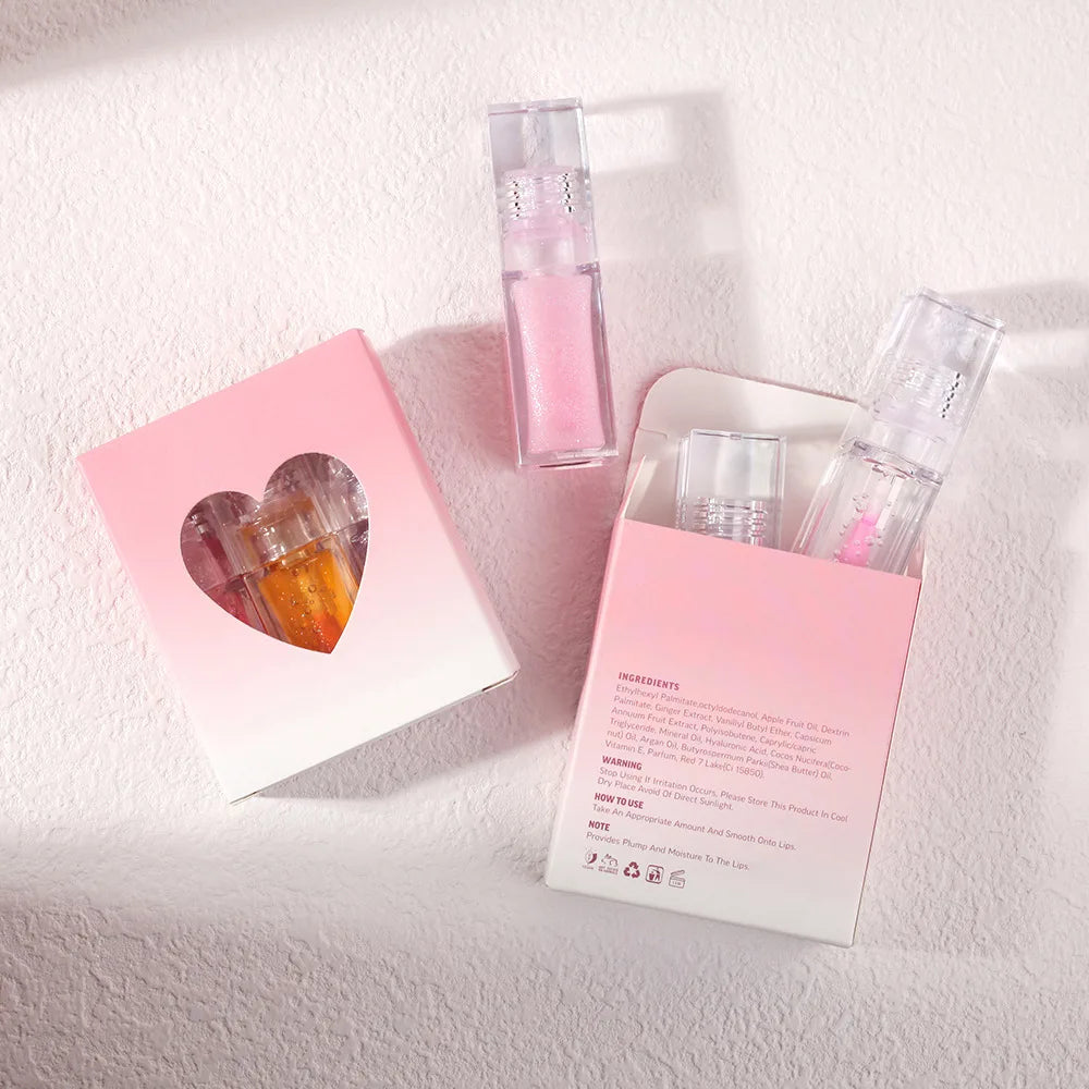 Vegan Moisturizing 3pcs Color Changing Plumping Lip Oil Kit With Free Box Fruit Flavor Private Label Full Clear Tube Lip Oil Set