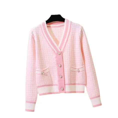Autumn Winter New Style Fashion Sweater Casual Color Block Top Cardigan Pearl Button Loose Knitted Sweater Cardigan for Women