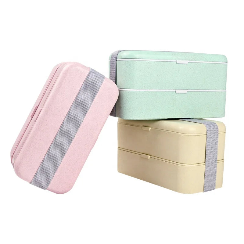 Portable Double Layer Korean Eco-Friendly BPA-Free Insulated Biodegradable Wheat Straw Microwavable Home Storage Lunch Bento Box