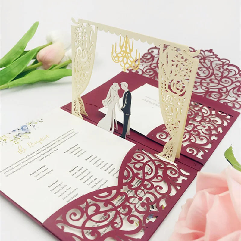 New Arrival Red Gold Foil Wedding Cards Luxury Invitation 3d Pop up Bridal Shower Wedding Invitations Convites De Casamento