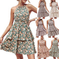 Summer Girls Floral Printed Backless Dress Sleeveless Halter Neck Women's Elegant Midi Dress