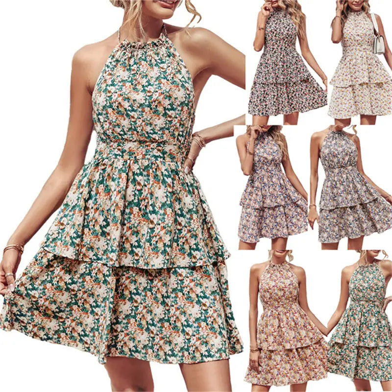 Summer Girls Floral Printed Backless Dress Sleeveless Halter Neck Women's Elegant Midi Dress