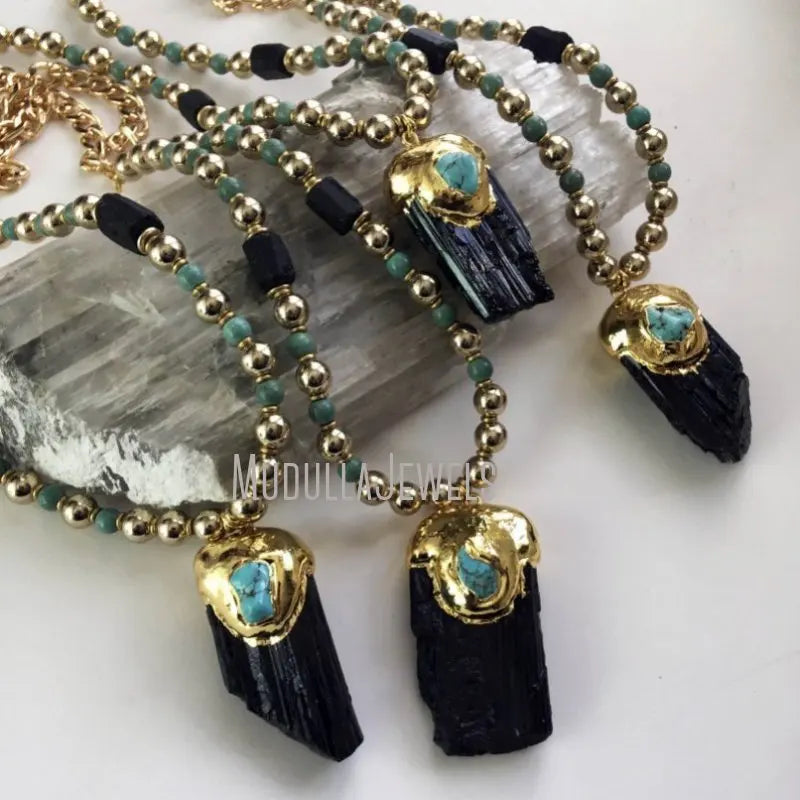 NM45241 Black Tourmaline Schorl and Turquoise Gemstone Free Form Necklace Gold Plated Layering Statement Jewelry