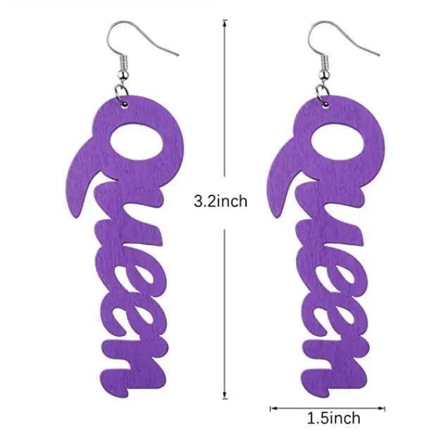 New Fashion Colorful African Wood Letter Earrings Geometric Hollow Letter Queen Drop Earring for Girls