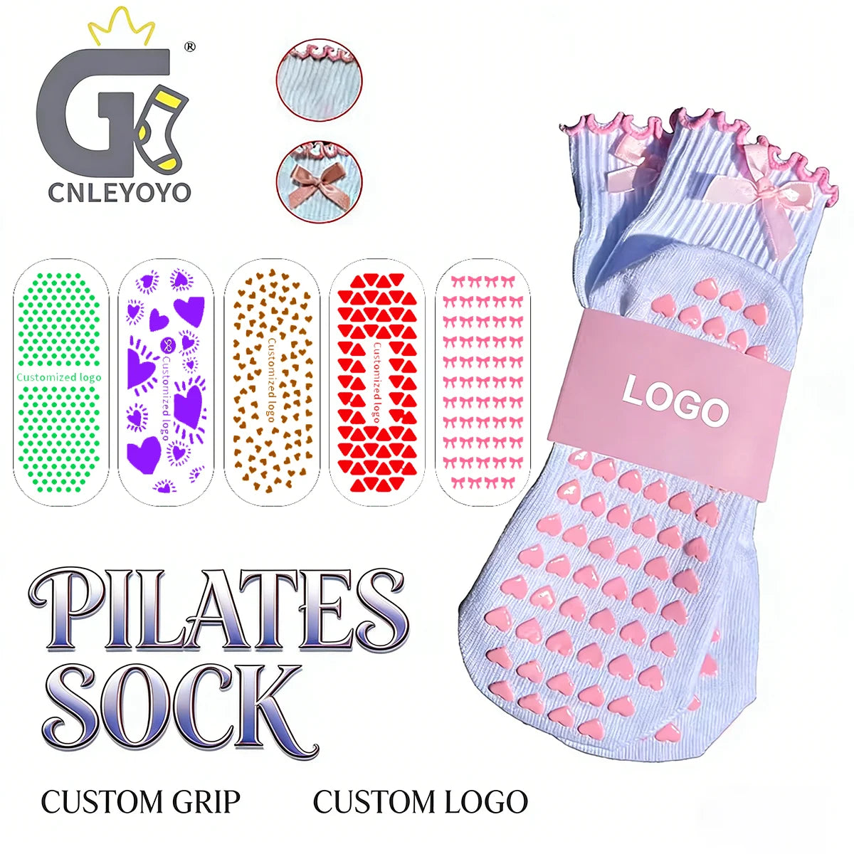 OEM Girls Pink Ruffle Grip Custom Pilates Socks Thick Terry Gym Yoga Non Slip Heart Custom Logo Grip Socks With Ribbon