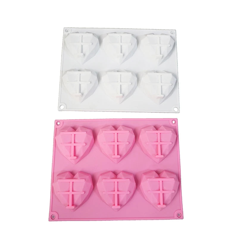 6 Holes 3D Crystal Heart  Silicone Cake Mold for Valentine's Day Dessert Non-stick Cake Pan Hand-made Tools for Household