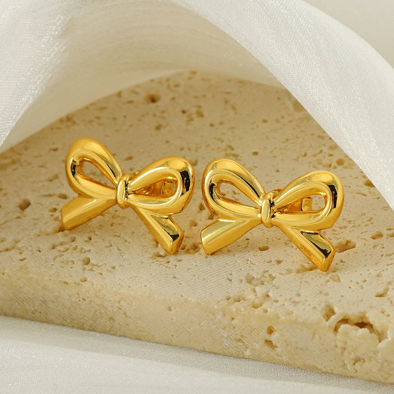 New Arrive 18k Gold Plated Stainless Steel Glossy Bow Classic Bowknot Stud Earrings for Women Jewelry