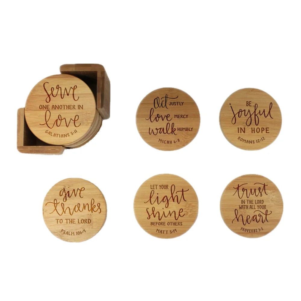 Custom Personalized Wooden Coaster Set with Wreath Engraving Optional Cork Wood Mats & Pads for Drinks