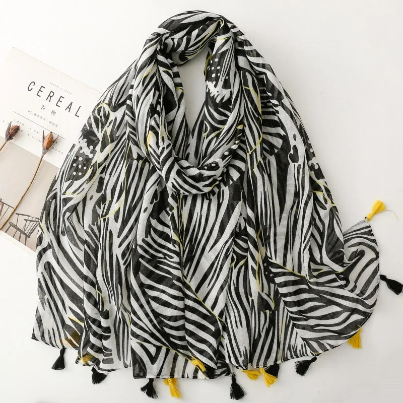 European and American Cotton Feel Thickened Satin Scarf Polyester Hijab Women's Line zebra Fringe Scarf Beach Shawl