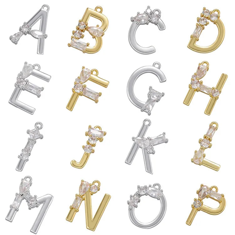 CZ8714 Mini 18k Gold Plated Brass Initial Charm CZ Paved Baguette Alphabet Pendant in Various Shapes for Jewelry Making