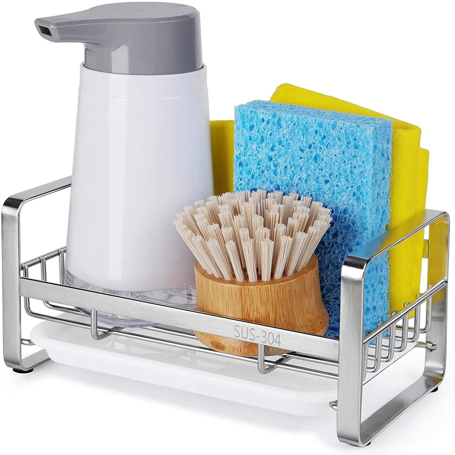 Stainless Steel Kitchen Sink Sponge Holder Soap Dish Dispenser With Drain Dish Countertop Dish Rack Drainer